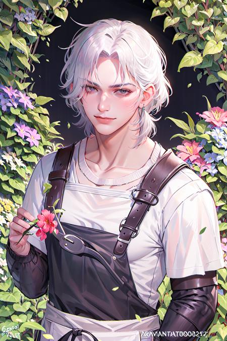 masterpiece,best quality,ultra-detailed,<lora:STF-000006:1>,STF,male_focus, 1boy,
1male, witcher, geralt of rivia, (finely detailed face), mature male, manly, smile, (wear an apron), gardening, in well manicured garden, surrounded by many flowers