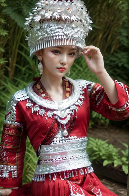 1girl,solo,hat,red,outdoors,jewelry,earrings,realistic,pearl \(gemstone\),dress,<lora:Hmong_costume_Red_XL_V2:1>,