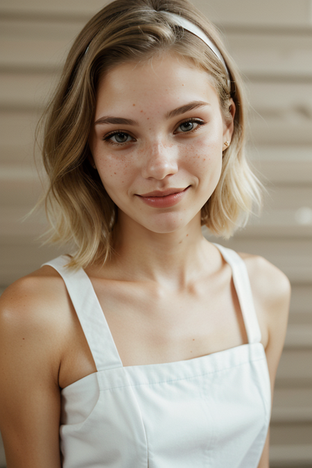 RachelYampolsky, apron, dress, capelet, sparkle, ((school cafeteria, holding cafeteria tray, lunch)), skirt, petite, focus, looking at viewer, leaning, sitting, pose, straight hair, looking at viewer, solo, beautiful face, (bright blond hair:1.5), short hair, white headband, (dynamic angle:1.2), cute smile, smirk, makeup, (best quality:1.2), absurdres, (masterpiece, best quality, 8k:1.2), absurdres, face focus, bloom, accent lighting, film grain, simple background, (blurry background:1.8), (bokeh:1.3)