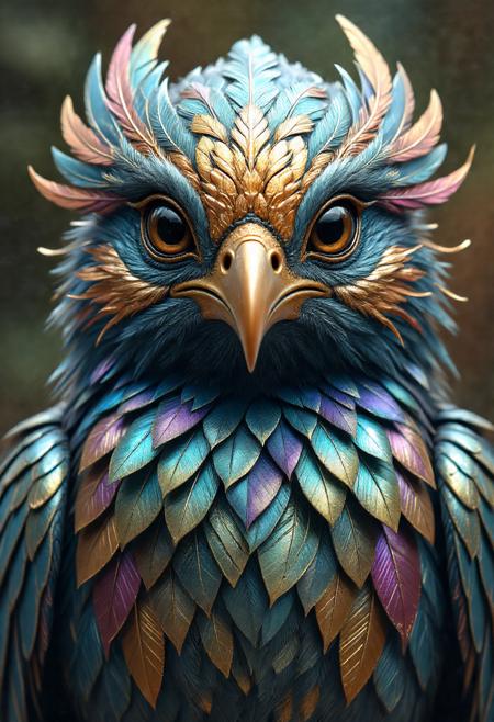 A close-up of an avian alien with feathers that change color depending on its emotions, intricate plumage patterns with metallic sheen, and sharp, beak-like appendages that subtly shift shape.