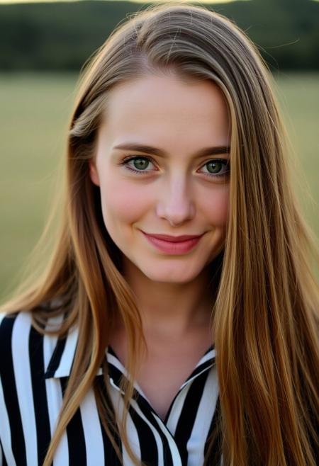 woman with long brown hair. She looks straight at the camera and smiles slightly. She has blond skin and expressive green eyes. A woman is wearing a shirt with vertical black and white stripes. Background nature, lighting is soft, sunset.