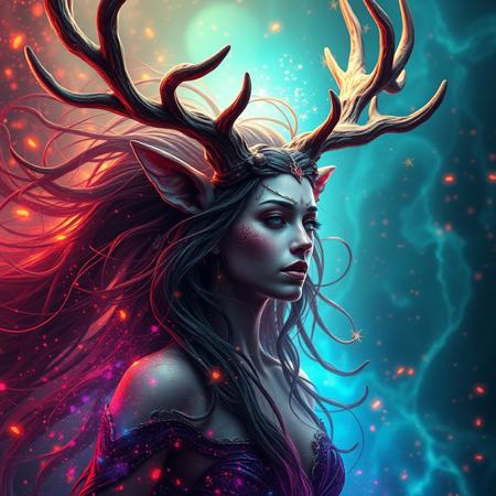Visually stunning and colorful digital illustration of a beautiful dryad with antlers. Art by Patrice Murciano, Minjae Lee, Carne Griffiths. Explosively expressive colors, scattered, fractured, magical, dramatic. DeviantArt, Artstation, Artgasm, Octane 3D Render. High resolution detailed digital art, Mysterious magical space, rendered in Blender, vista photography, 16K resolution, Elaborate bright light, 8k resolution, volumetric lighting, 8k resolution, DeviantArt, trending on Artstation, concept art digital illustration. Ethereal, enchanted, magical, breathtaking, Bright & saturated Glowing Colorful extra sharp polished clean detailed, Ismail Inceoglu, Huang Guangjian, Dan Witz, Ferdinand Knab, Raffaello Ossola, Simon Stålenhag and Erik Johansson. Photorealistic, volumetric lighting, deep overly saturated color, astral, sharp.