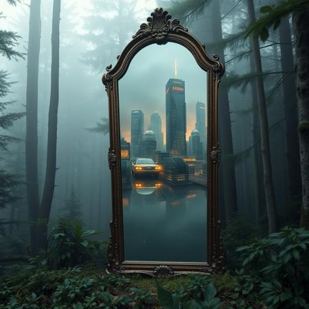 A freestanding, antique mirror sits in a dense, foggy forest, (but instead of reflecting the forest, it shows an entirely different world:1.4). Inside the mirror, a futuristic cityscape with flying vehicles and glowing skyscrapers pulses with life.Hyperrealistic glass textures, intricate alternate realities, and dramatic atmospheric effects.