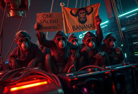 Zoomed in closeup, Hazey cinematic atmosphere, documentary action film, fantasy sci-fi movie, hyperrealistic, fullhd, night, nighttime, dark,  Pirate Monkeys wearing sunglasses and bandanas are celebrating a successful raid, one monkey holds up a cardboard saying "One GPU for 100 Bananas", thieves, on a boat, ship, pirate ship, pirate flags, pirate flag with monkey head and sabers, server equipment with many cables and wires, server racks, neon lights, the monkeys are sitting on dancing in celebration hardware trash, neonlamp strips, large graphics cards with many big cooling fans, massive GPUs, treasure