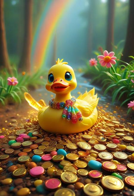 candys,cartoon-style scene of a fabulously wealthy duck, vibrant field filled with fluttering dollar bills, wearing a lavish bling-bling gold chain, sunglasses, looking relaxed. Oversized coins, colorful flowers swaying in the breeze. Bright, sunny, with a rainbow arching overhead, adding to the whimsical and extravagant atmosphere of this rich duck's dreamland, lake of golden coins, falls of gold coins instead of water,
[style of greg rutkowski,janek sedlar,jenny saville:0]  <lora:vivid_everclear:0.35>  <lora:Sinozick:0.35>  <lora:MJ52:0.35>,flux-style
