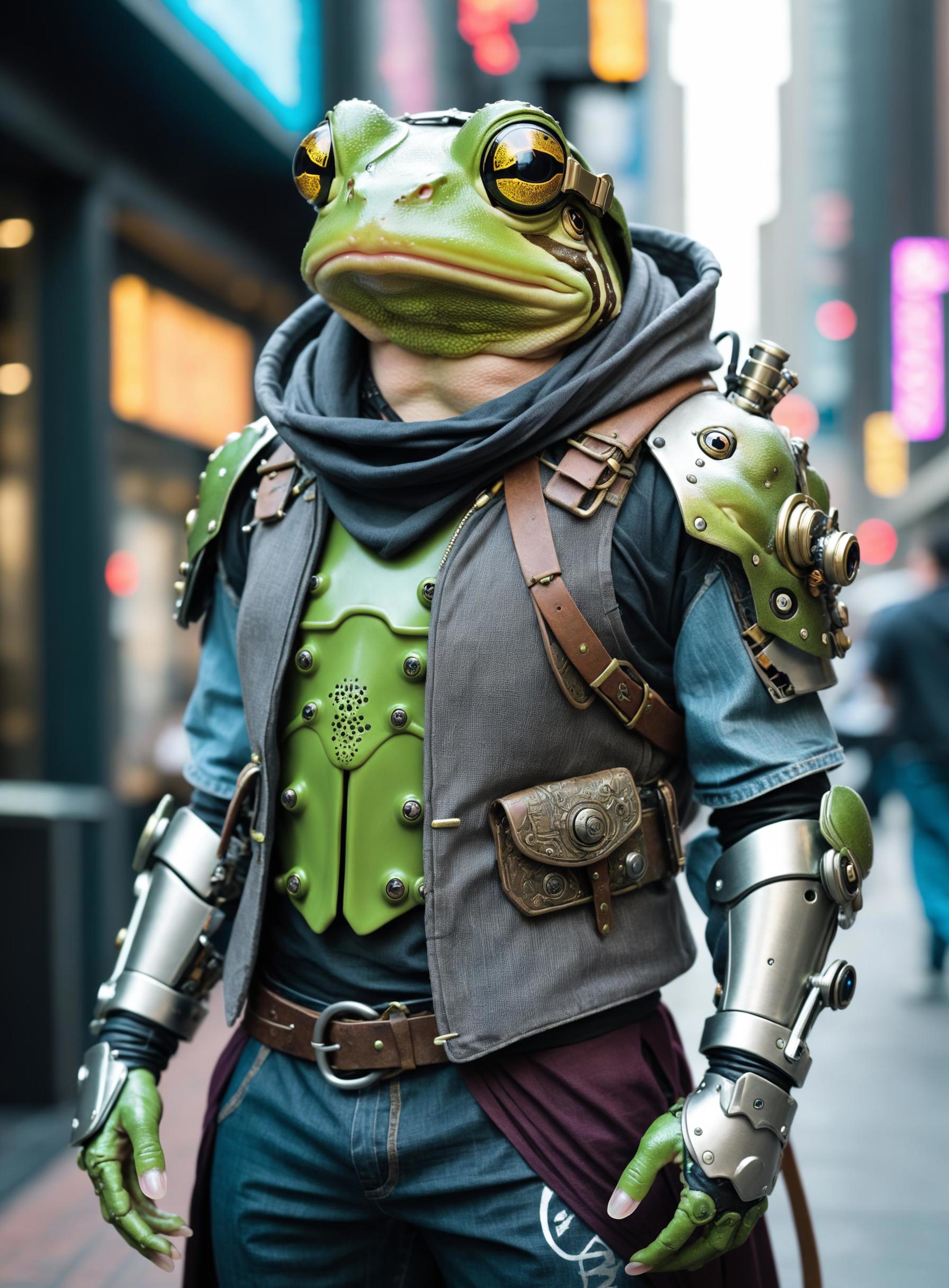 A man wearing a green and grey costume with a frog mask and a sword.