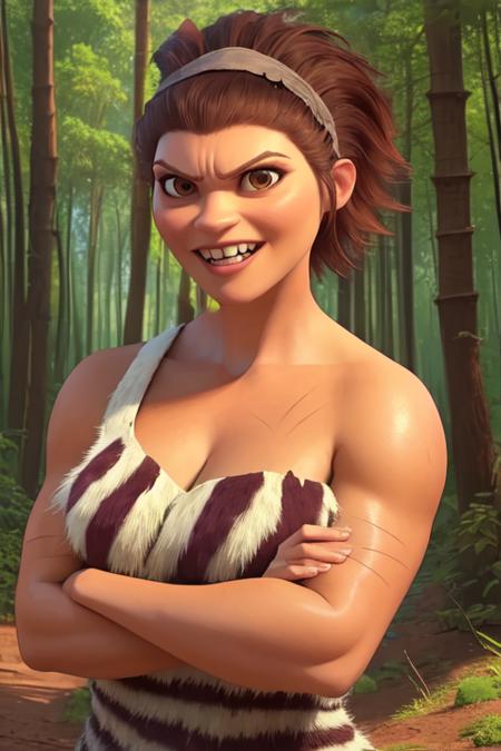 Ugga,brown hair,short hair,brown eyes, muscular,  hairband, hair up,  angry, 
dress,animal print, off shoulder, sleeveless,  cleavage,  arms crossed,  body scars, teeth, 
standing,  upper body, 
solo, smile, 
forest, 
(insanely detailed, beautiful detailed face, masterpiece, best quality)   <lora:Ugga:0.8>