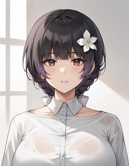 black violet hair, short hair, blunt bnags, side bangs, braid back hair with white ribbon, brown eyes, over right hair white flower,