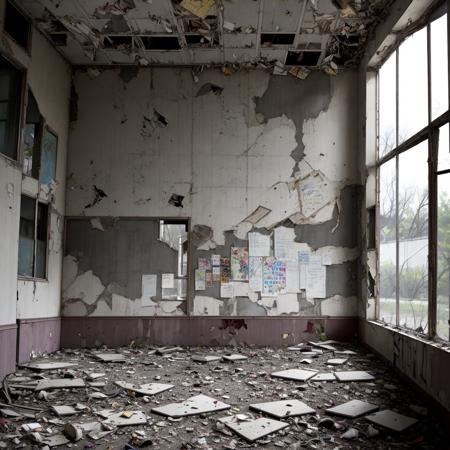 abandoned school, broken tables, posters on walls, concrete hallways, ground with garbage, covered windows and liminal space, dark