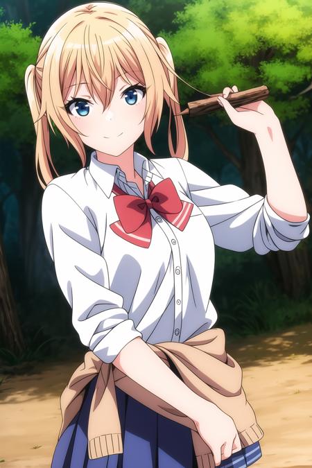 1girl, blonde hair, dark blue eyes, blue skirt, bow, bowtie, clothes around waist, cowboy shot, hair between eyes, medium hair, looking at viewer, nature, outdoors, pleated skirt, red bow, red bowtie, school uniform, shirt, skirt, smile, solo, white shirt, homare_onishima, <lora:add_detail:0.7>