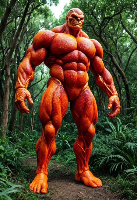 score_9,score_8_up,score_7_up, The image depicts a towering, muscular golem, in blood orange style, entirely made of blood orange, standing majestically amidst a lush, verdant forest. Its form is robust and imposing, with broad shoulders and powerful limbs, intricately detailed with organic-like straw textures. the view emphasizing the grandeur of the forest guardian. The surrounding environment is in natural light, filtering through the dense canopy, creating a mystical and fantastical atmosphere.  <lora:1:1>