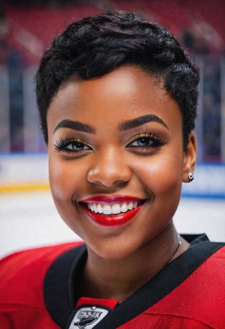 18 year old, medium sized, confident looking  black woman. Evil grin. Red team Ice Hockey gear. Short black hair in a pixie cut. Close up portrait.