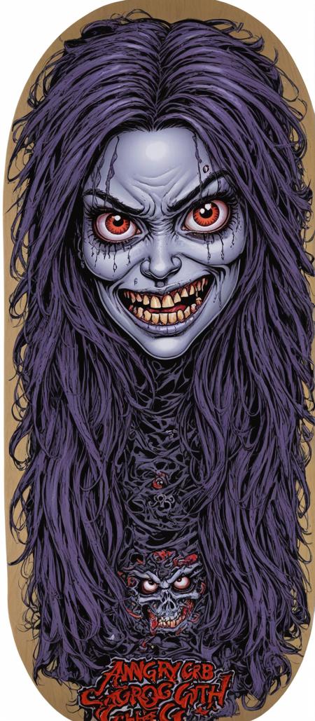 Jimbo Phillips Sk8 Art XL angry goth girl face skateboard art <lora:Jimbo_Phillips_Sk8_Art_XL:1>