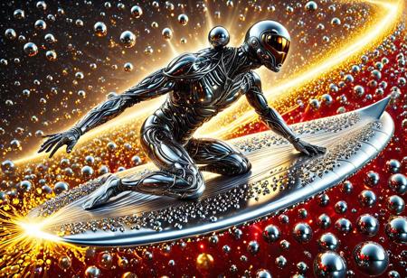 a silver humanoid figure surfing through space at high velocity, entirely constructed from reflective metal balls, posed dynamically on a sleek metallic surfboard also made of chrome spheres. Trails of glowing red and yellow energy stretch behind him, representing motion and speed. The background is a vibrant cosmic scene with streaks of light, stylized stars, and abstract galactic waves. His body reflects light intensely, each sphere arranged with anatomical precision. Ultra-detailed CGI render, 8K, sci-fi comic book energy, cinematic lighting, photoreal metal textures, dramatic angle, surreal and heroic.