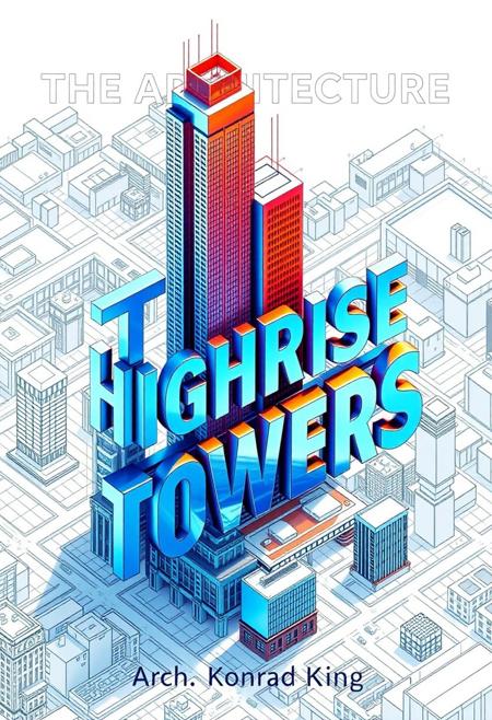 Create a book cover called ("The Architecture of Highrise Towers"), the letters of the title are 3D in the shape of highrise buildings overlooking a sketch plan of a city in USA viewed from an isometric high angle, with the letters stacked on top of each other, the ("THE") is a building, ("ARCHITECTURE") is a taller building, ("OF HIGHRISE TOWERS") is another all building with the letters stacked vertically on top of each other to form the shape of the building.
 The book cover has vivid colors with a color metallic and blue color pallette very well rendered and extremely detailed, at the bottom are the name of the author ("Arch. Konrad King) written in a architectural sketch font.