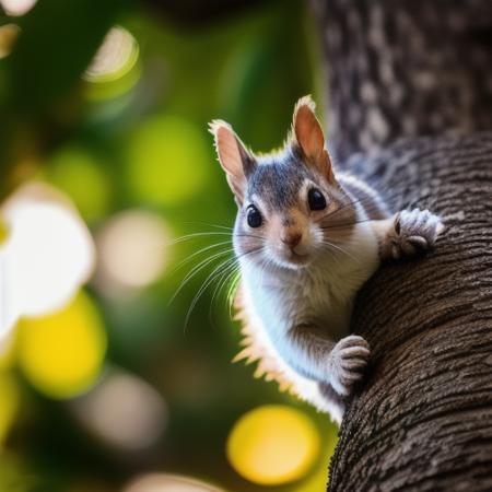 A photo of a cute hybrid of squirell and cat jumping on the tree, god light, bold natural colors, wide angle view,  masterpiece, trending on artstation, photograph, award-winning, documentary, wildlife, 8k