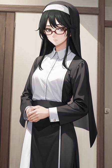 masterpiece, best quality, 1girl, solo, standing, looking at viewer, <lora:hazukishino-ch-richy-v1:1> hazukishino, nun, habit, glasses