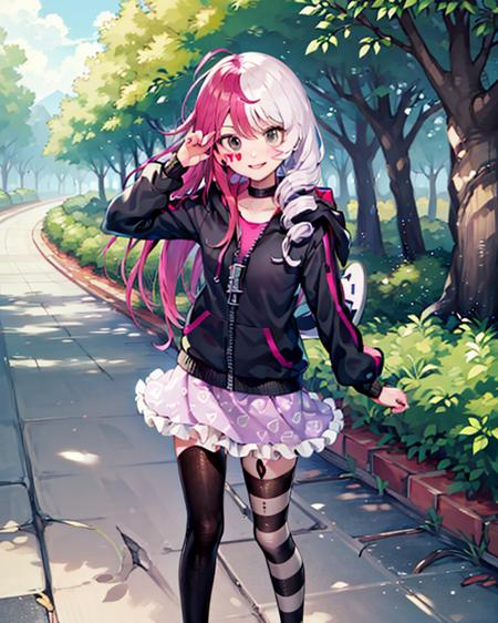 {{{masterpiece}}}, {{{best quality}}},megumegu, 1girl, solo, thighhighs, multicolored hair, pink hair, split-color hair, striped, asymmetrical legwear, mismatched legwear, hood, long hair, purple eyes, two-tone hair,drill hair, [facial 2 pink haert mark],rabbit hood, looking at viewer, skirt, hoodie, animal hood, blush, shoes, striped thighhighs,Standing,smile
,gorgeous,fantasism,nature,refined rendering,original,contour deepening,high-key and low-variance brightness scale,soft light,light and dark interlaced  <lora:megumegu_LYCORIS:0.8>