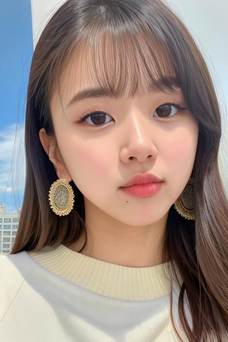 "RAW photo,1girl,solo,chaeyo,brown hair,sweater,earring,((detailed:1.2)),(photorealistic:0.8),photoshoot,masterpiece,best quality,sun lighting ,city background, high quality, film grain,looking at viewer,<lora:chaeyover1.1:0.7>