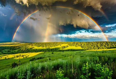 unreal landscape of the Central Russian hills on a stormy day, heavy clouds rise, lightning flashes in the distance, but in the foreground the sun is still shining and a rainbow breaks through the first drops of rain.