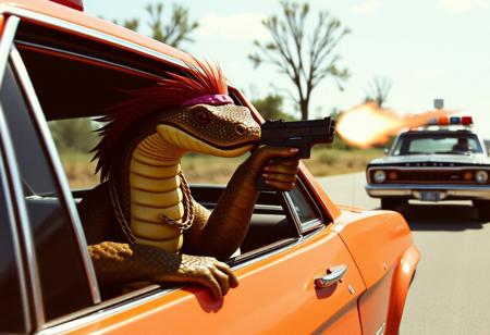 shebaobao, a snake with hippy hair shooting a gun out the window of a ford mustang, wearing gold chains,  in a police chase, 1970's action movie style
