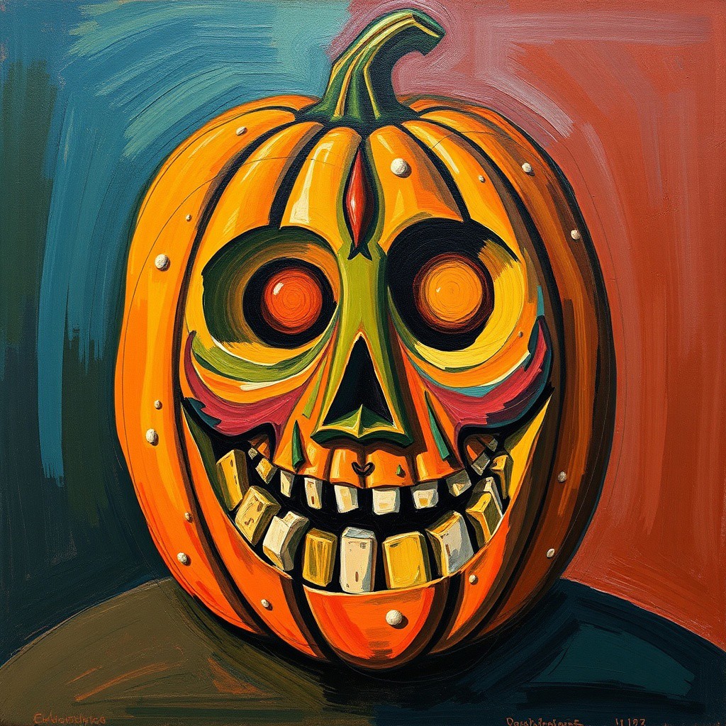 Painting by Picasso, the portrait of a carved Halloween pumpkin head, surreal cubism, bold colors