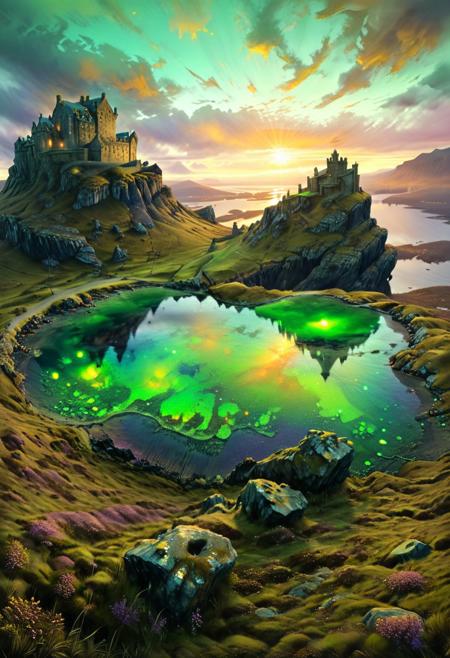 (by Ellen Jewett:1.5), (slightly gold Bioluminescent Impressionism, Scottish highland  landscape, The Dreamland, green earth, heather, sky sunset, sunrise, great castle on a crag, Crag, highland mountains, ethereal landscapes, depth of field, biotech emotion:1.3) <lora:xl_more_art-full_v1:0.5> <lora:add-detail-xl:1> <lora:RMSDXL_Creative:2>*Channel_42* PEAnimeBG
