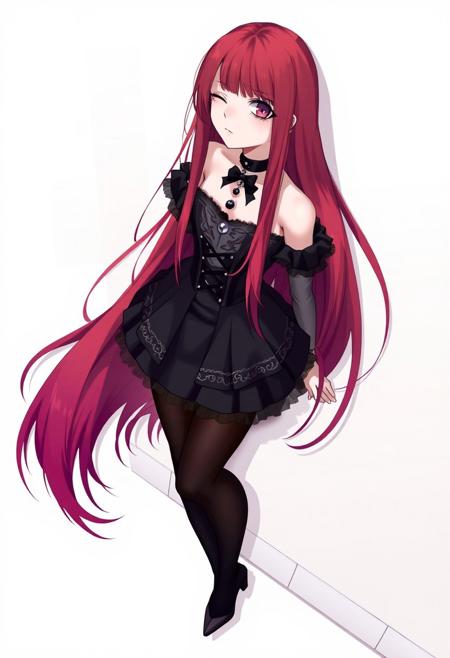 1girl, adult, pale skin, red hair, long hair, (straight hair), bare shoulders, choker, red eyes, half closed eyes, sharp facial features, black makeup, full body, gothic outfit, black stockings, heels, wall background, pale colors, looking at viewer, looking up