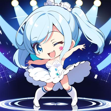 <lora:nnchibi1:0.8>,
nnchibi, 1girl,  solo, 
shot hair, light blue hair, hair_ornament,blur,sticker on face, one eye closed, light laughing, 
middle breasts, low cut dress,formal dress, white dress,
kneehighs, boots,
standing, dynamic pose, dancing, 
dynamic background,light,colorful, music