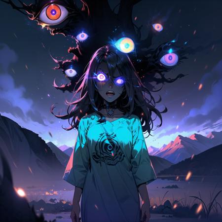 (1girl, long hair, collar, red eye purple eye heterochromia, glowing, glowing eyes, anger vein) (digital) (  in detailed mountain, (Nightshirt)) , best quality, <lora:boldline:0.2>  <lora:hairdetailer:0.2>  insanevoid <lora:insanevoid:0.9>