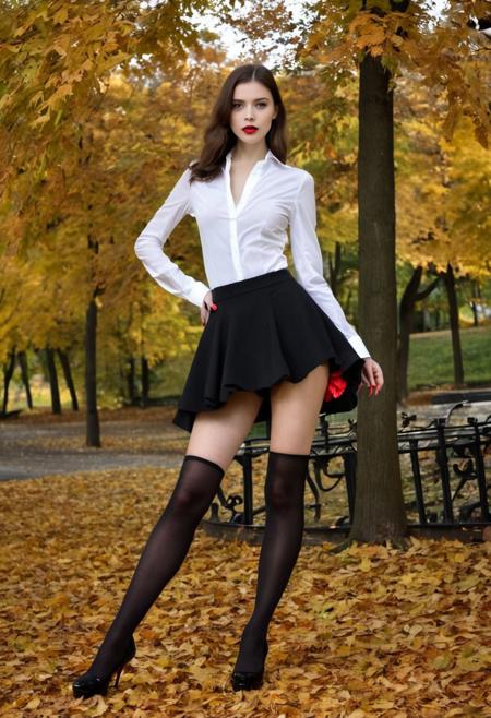 A woman in: s in a white shirt and black skirt, elegant legs, massive legs towering over you, stunning elegant pose, elegant seducing pose, high heels, anna nikonova aka newmilky, sexy look, very sexy outfit, elegant posed, thighhighs and skirt, ekaterina, beautiful legs, elegant pose, long legs, she is walking at autumn city park, hot and seductive, tumblr style, captivating and enticing, sultry and beckoning, seductive lady, imposing and dominating, posing in a park, seductive and powerful, seductively looking in front, very sexy outfit, elegant seducing pose, sexy girl, sexy dress, very confident  seductives steps