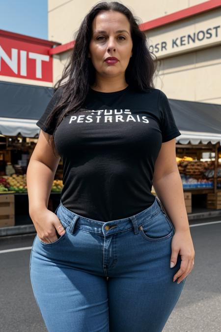 <lora:m1ssh0urgl4ss_v2:0@1, 0.8@1, 1.0@0.5>, high resolution, high quality, detailed face, m1ssh0urgl4ss woman (face the viewer) in t-shirt and jeans at the market,  wide hips, (thick), long hair, selfie