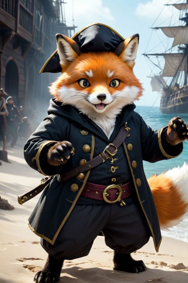 A cartoon fox dressed as a pirate, standing on a beach.