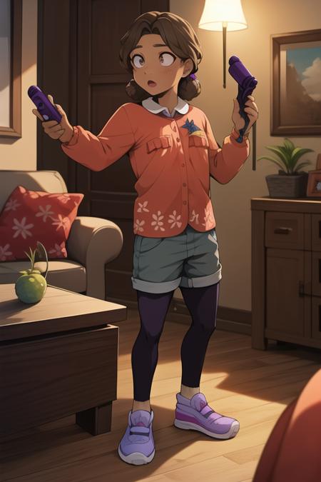 <lora:fnaf cassie-06:1> cassie, standing, full body, purple and red living room, holding orange remote, detailed background, detailed shading, detailed ambient light, detailed background, masterpiece,