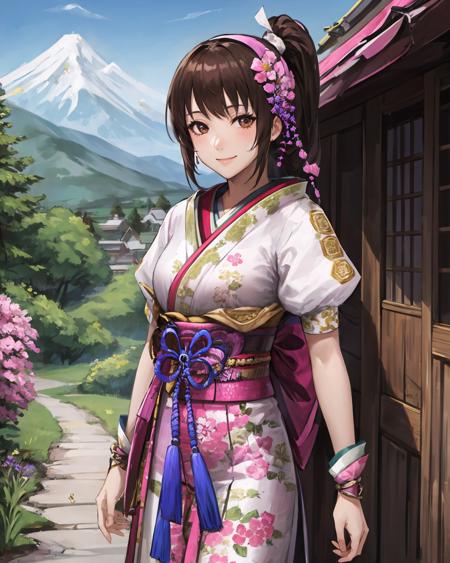 best quality, (masterpiece:1.2), illustration, absurdres, bright colors, vivid colors,
(1girl), (solo), (beautiful detailed girl), cowboy shot,
<lora:OichiSW4-07:0.9>,  Oichi, brown hair, ponytail, hair ornament, brown eyes, medium breasts,
pink dress, japanese clothes, long kimono, short sleeves, tabi socks, sandals,
magical forest, flowers, distant mountains, sky, clouds,
looking at viewer, confident, gentle smile,
((standing)),