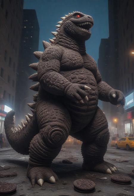 A gigantic Godzilla Monster made of creamy cookies stomping through New York City at night, destruction, debris