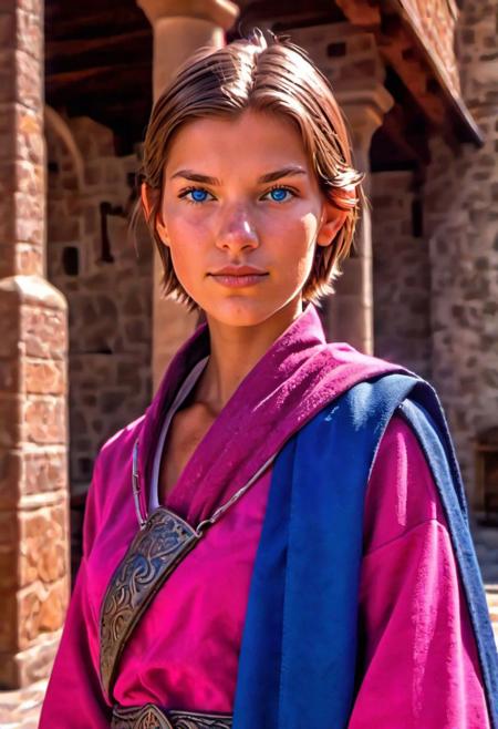(photo:1.75) (D&D character) tan (Age 21) (monk/fire sorceress:1.23) (shorter hair, light brunette:1.23) (5'8) (130lbs) (28B-23-31 figure:1.24) makeup (blue eyes) (sliver/pink attire:1.2) athletic (medium breasts) in monastery full body real life like HDR