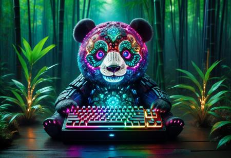 lazypos
A panda adorned with intricate sugar skull makeup, glowing with neon RGB highlights that shimmer across its fur in hues of electric blue, violet, cyan, and magenta. Set against a bamboo forest reimagined with RGB lighting—each stalk subtly pulsing with colorful, animated light waves, casting radiant reflections on the misty forest floor. The ambient glow bathes the scene in a dreamlike, otherworldly atmosphere. The panda’s eyes gleam with light-reactive patterns, echoing the chromatic vibrancy of a mechanical RGB keyboard. Hyper-detailed, 32K UHD, high contrast, with luminous accents and surreal bioluminescent shadows—where nature, culture, and futuristic lighting design converge in a visually stunning, ethereal composition