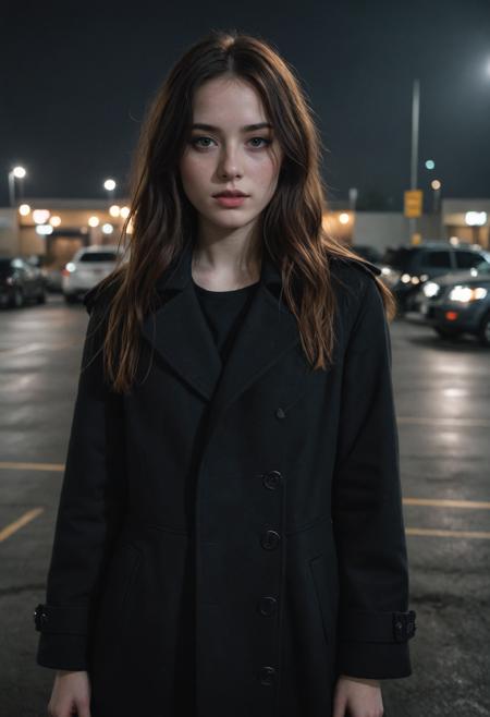 a young woman, medium full shot, looking at viewer, standing in a parking lot, makeup, realistic skin texture, (freckles:0.9), black coat, pale skin, beautiful woman, cute, long hair, black hair, brown eyes, expressionless, (dark theme:1.3), (dark lighting:1.3), night, mist,