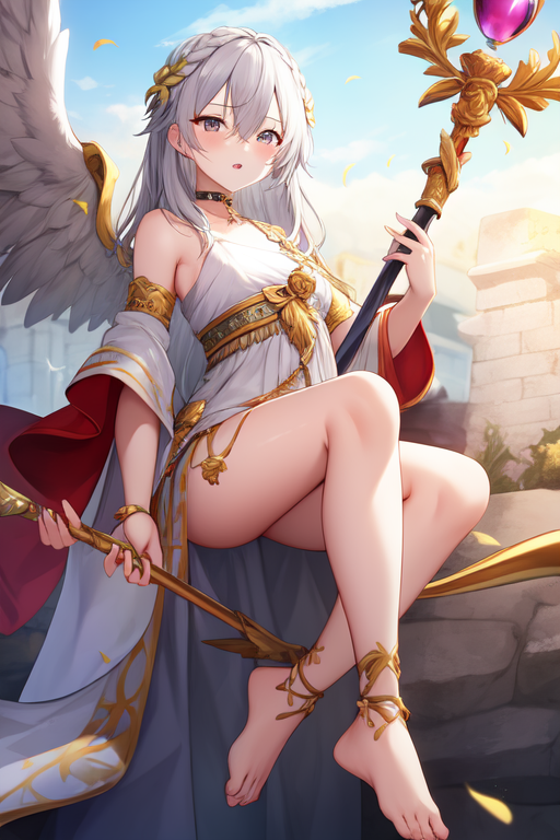 ancient greek clothes, feathered wings, outdoors, parted lips, grey hair, barefoot, choker, hair between eyes, holding staff