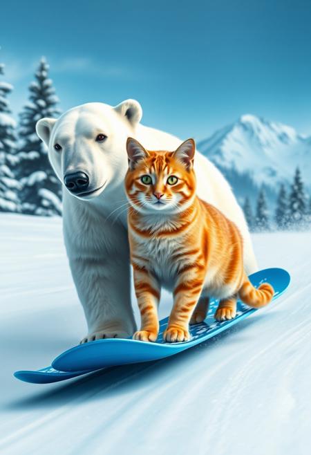 high definition, high detail, photo realistic, 8k, dynamic, digital image of a polar bear and a ginger tabby cat snowboarding together. The polar bear, with its white fur and large build, is positioned behind the cat, both appearing to glide smoothly on a single blue snowboard. The cat, with its bright orange fur and green eyes, stands confidently at the front. The background is a snowy landscape with pine trees and mountains, creating a sense of motion and adventure. The overall colour palette is cool, with blues and whites dominating, contrasting with the warm tones of the cat's fur.