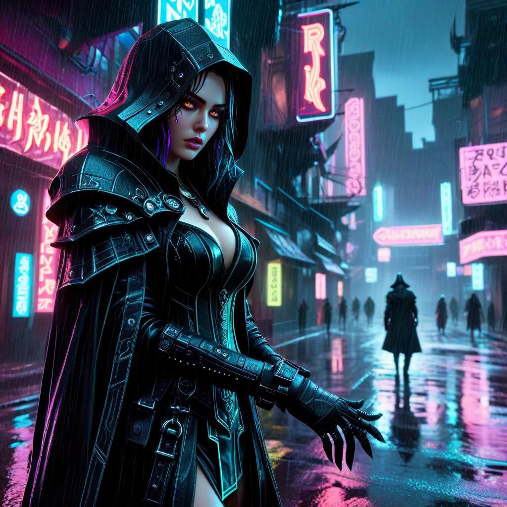 Neon noir, natural, shimmering, vibrant, gothic, rpg,1400ad, , , , reminiscent of high fantasy RPG games, , masterpiece, best quality, hyper detailed, , , perfect hands, , professional, breathtaking, , foul weather, , , distorted
<lora:CharcoalDarkStyleXL:1> <lora:Dark Fantasy:1> <lora:detailed_notrigger:1>, Cyberpunk, dark, rainy streets, neon signs, high contrast, low light, vibrant, highly detailed