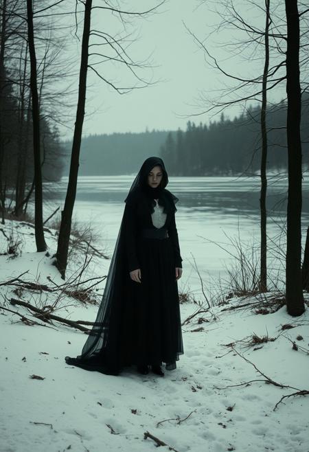Between the woods and frozen lake, cinematic realism, poetic surrealism, vintage fashion, moody atmosphere, symbolic objects, soft chiaroscuro lighting, noir romance, veiled figures, emotional ambiguity, timeless elegance, dreamlike stillness, narrative intimacy, surreal portraiture, sensual mystery, muted color palette, vintage textures, mirror symbolism, shadowplay, conceptual storytelling, ethereal tension