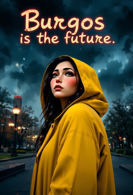A highly detailed image of a beautiful young woman wearing a yellow raincoat, shown from a low angle. She is standing in the middle of a city park at night, under a stormy sky. She is facing the viewer and staring up at the sky above her with a deeply melancholic expression on her face, and tears are streaming down her cheeks. Above her, text that reads "Burgos is the future." is written in glowing, hand-drawn lettering. The image is striking and emotional, evoking a sense of hope amid intense sadness. aidmatextimprover