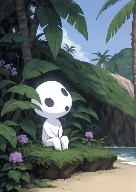 k0D4mA 1kodama 4kodama spirit, ghost, large head, black eyes, 3 dots, no nose, small body, white body, transparent body, volumetric glow, cartoon alien, standing, forest background