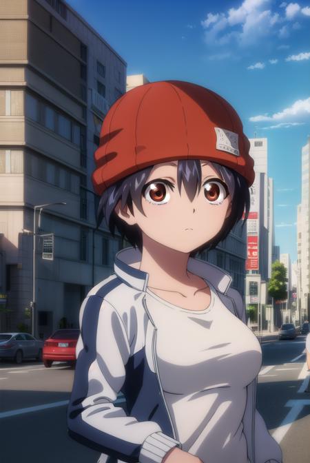 fuukoizumo, <lyco:fuuko izumo s1-lyco-nochekaiser:1>,
fuuko izumo, black hair, hair between eyes, (brown eyes:1.5), short hair,
BREAK shirt, white shirt, jacket, open jacket, pants, denim, beanie, (red beanie:1.2),
BREAK outdoors, city, sky, clouds, sun,
BREAK looking at viewer, (cowboy shot:1.5),
BREAK <lyco:GoodHands-beta2:1>, (masterpiece:1.2), best quality, high resolution, unity 8k wallpaper, (illustration:0.8), (beautiful detailed eyes:1.6), extremely detailed face, perfect lighting, extremely detailed CG, (perfect hands, perfect anatomy),