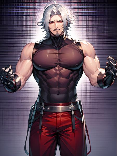 rugal95 black gloves  fingerless gloves abs eletronic clothing topless barechested male adult red pants solo male focus person veins muscular muscular male pectorals white hair male teeth pants covered abs hand heterocromia glowing eye white eye red eye red esclera white esclera taut clothes biceps large pectorals spiked hair short hair simple background shirt taut shirt bare shoulders manly