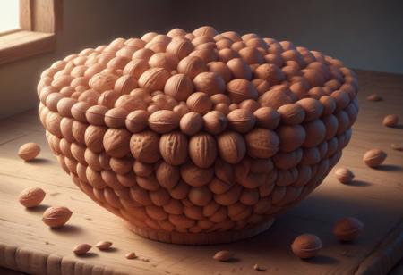Sharp background,best quality,extremely_detailed,,up_8,up_9,8k,master_class,masterpiece,real good,totally awesome.vibrant colors,realism,perfect beautiful early morning light). Nuts in a bowl on a table.