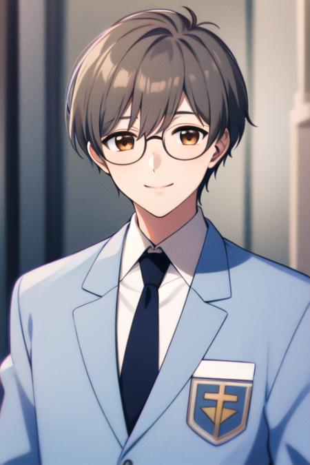 masterpiece, best quality, <lora:tsukishiro_yukito:0.7>  solo, smile, 1boy, brown eyes, grey hair, school uniform, male focus, necktie, glasses, blue blazer, collared shirt, white shirt, upper body, looking at viewer, smile