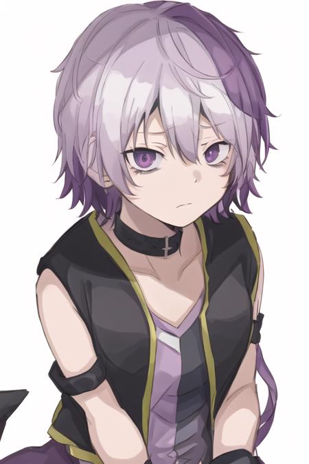 1girl, solo, vflower, multicolored clothes, purple hair, tired, hisha kan moko style, white background, focus on face, delicate shadows, tired, highly detailed <lora:HISHA_KAN_MOKO_V1-08:1>, (looking at viewer:1.3)